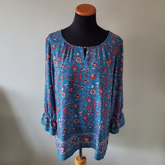 Northern Reflections L Floral Boheminan Peasant Vacation Keyhole Blouse - Picture 2 of 11